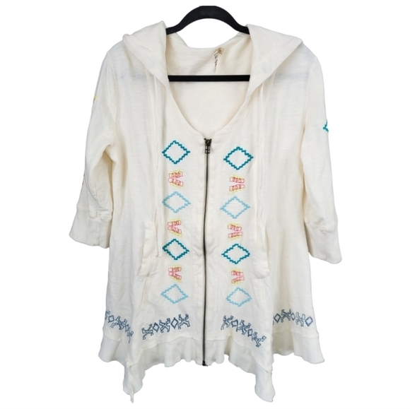 ANTHROPOLOGIE CAITE Boho Embroidered 3/4 Sleeve Hoodie Top Sz S - Picture 1 of 11